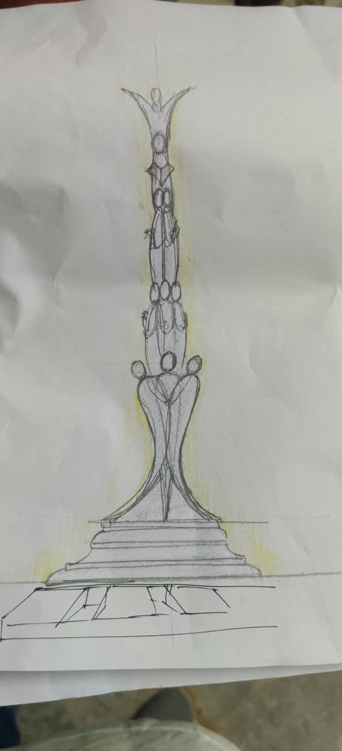 Pencil sketch of a column of stacked figures topped by a figure with raised arms